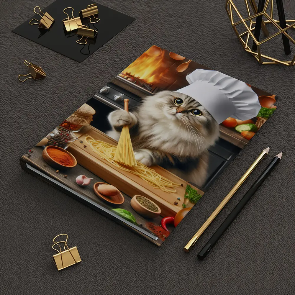 Chef Cat Cooking Pasta Kitchen Scene – Notebooks