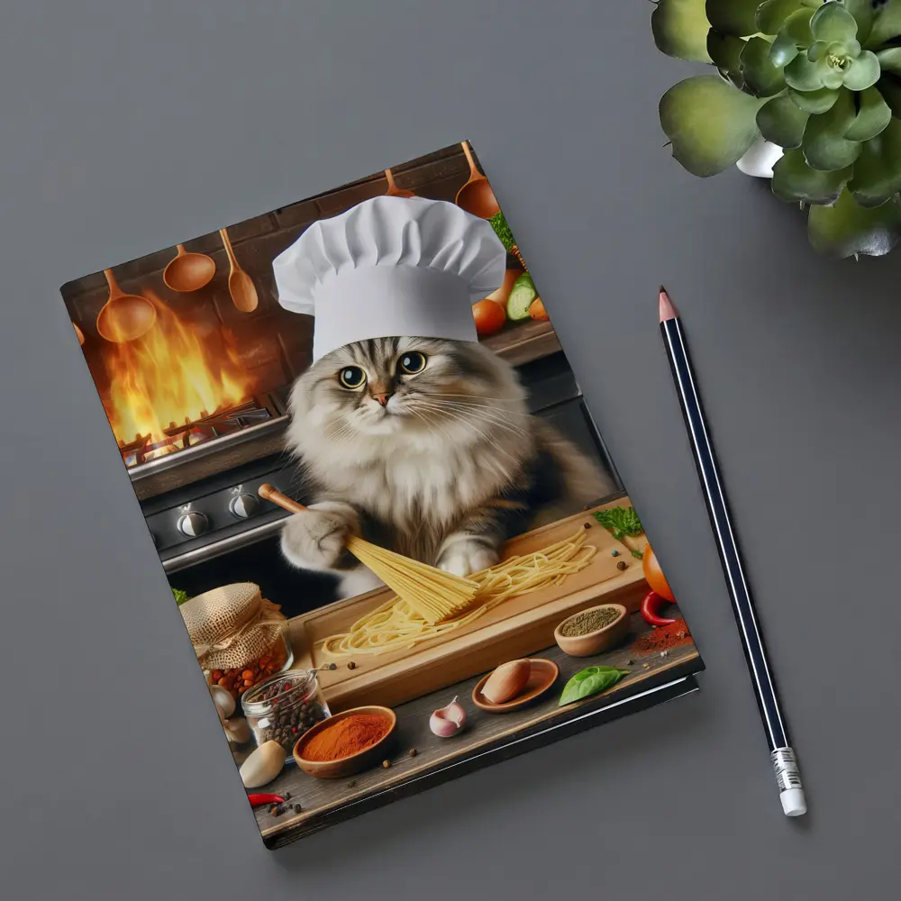 Chef Cat Cooking Pasta Kitchen Scene – Notebooks