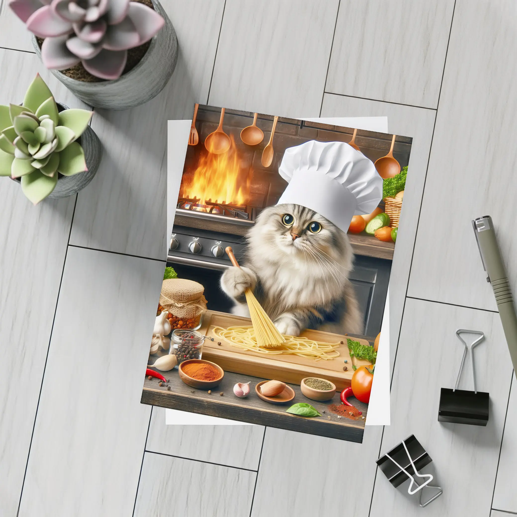 Chef Cat Cooking Pasta Kitchen Scene – Postcards