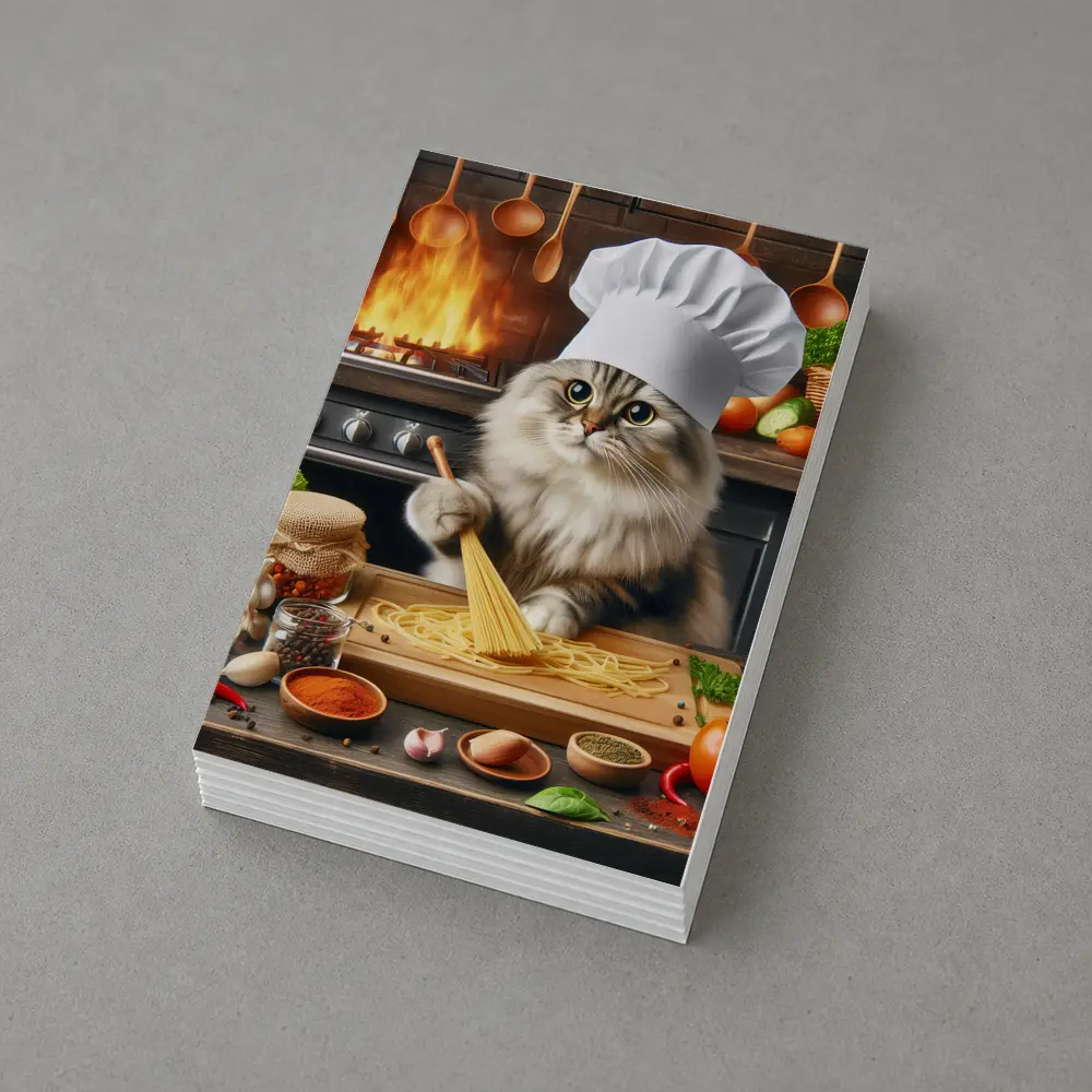 Chef Cat Cooking Pasta Kitchen Scene – Postcards