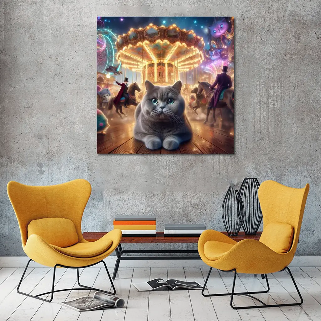 Gray British Shorthair Cat Carnival Fantasy Scene – Wall Art
