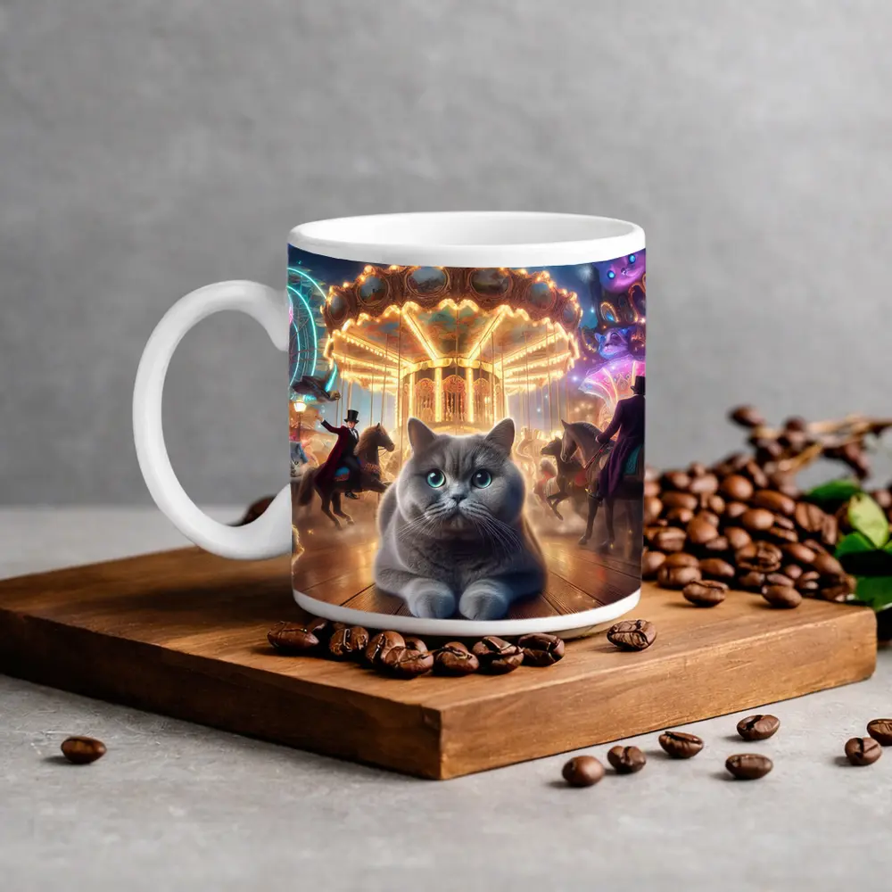 Gray British Shorthair Cat Carnival Fantasy Scene – Mugs