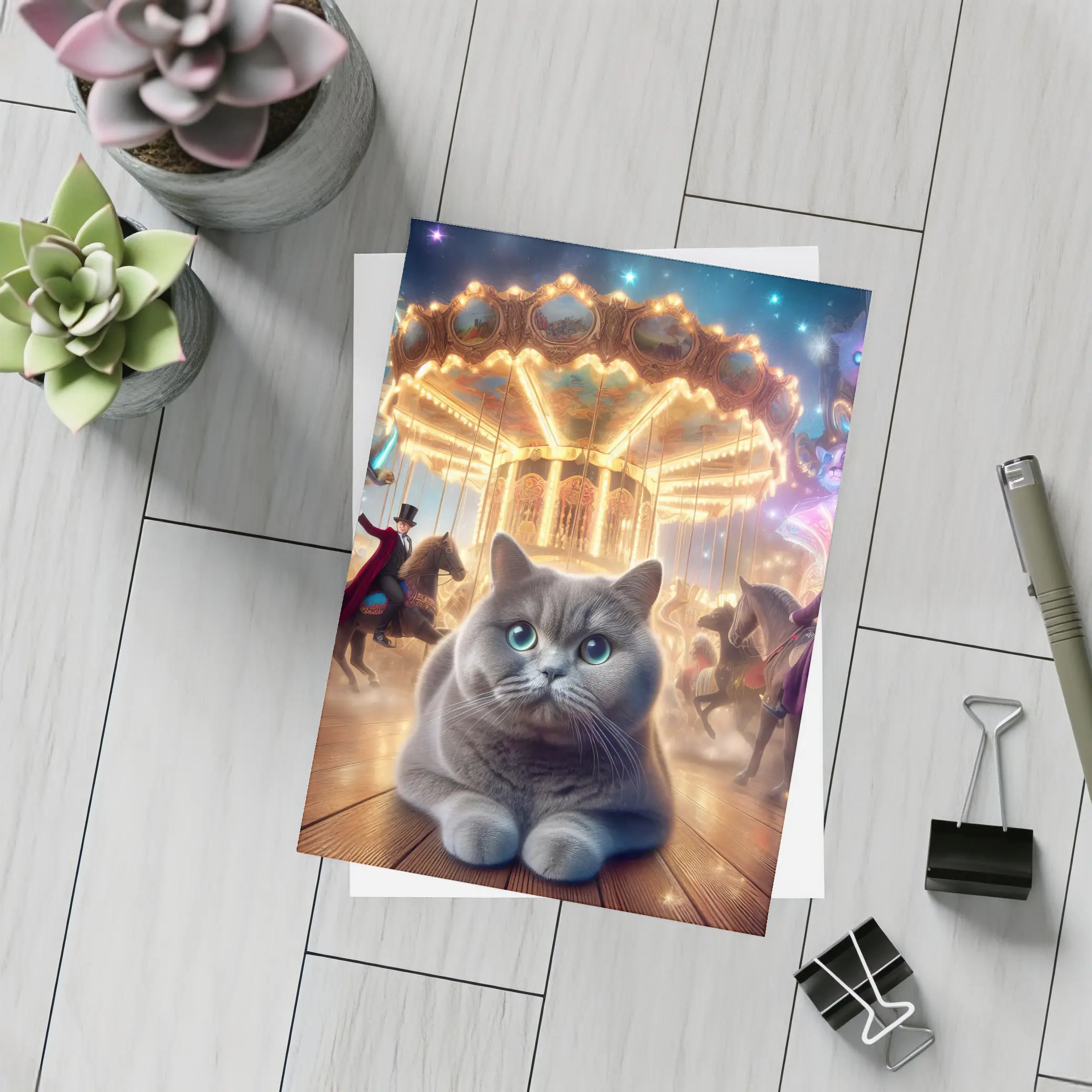 Gray British Shorthair Cat Carnival Fantasy Scene – Postcards