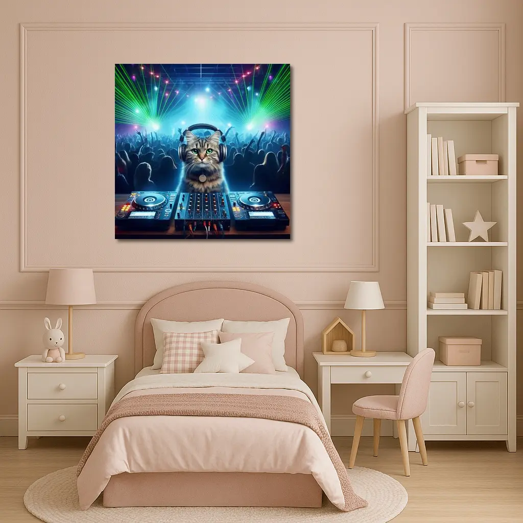 Tabby Cat DJ Club Neon Laser Party – Wall Art