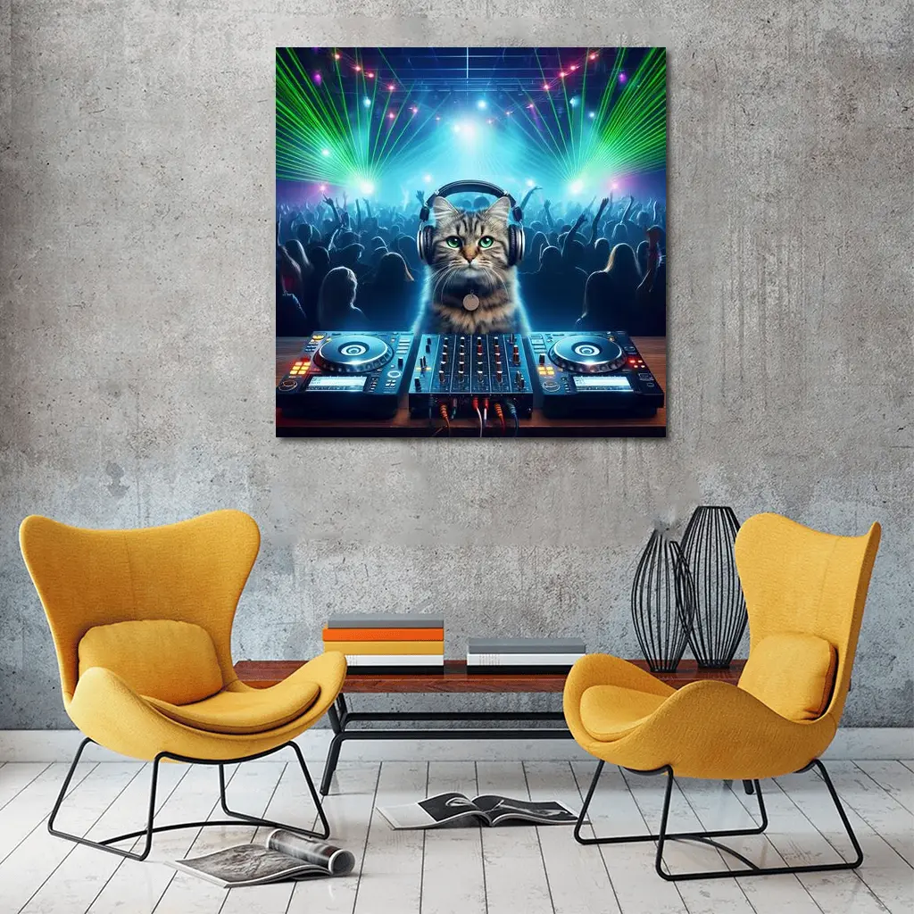 Tabby Cat DJ Club Neon Laser Party – Wall Art