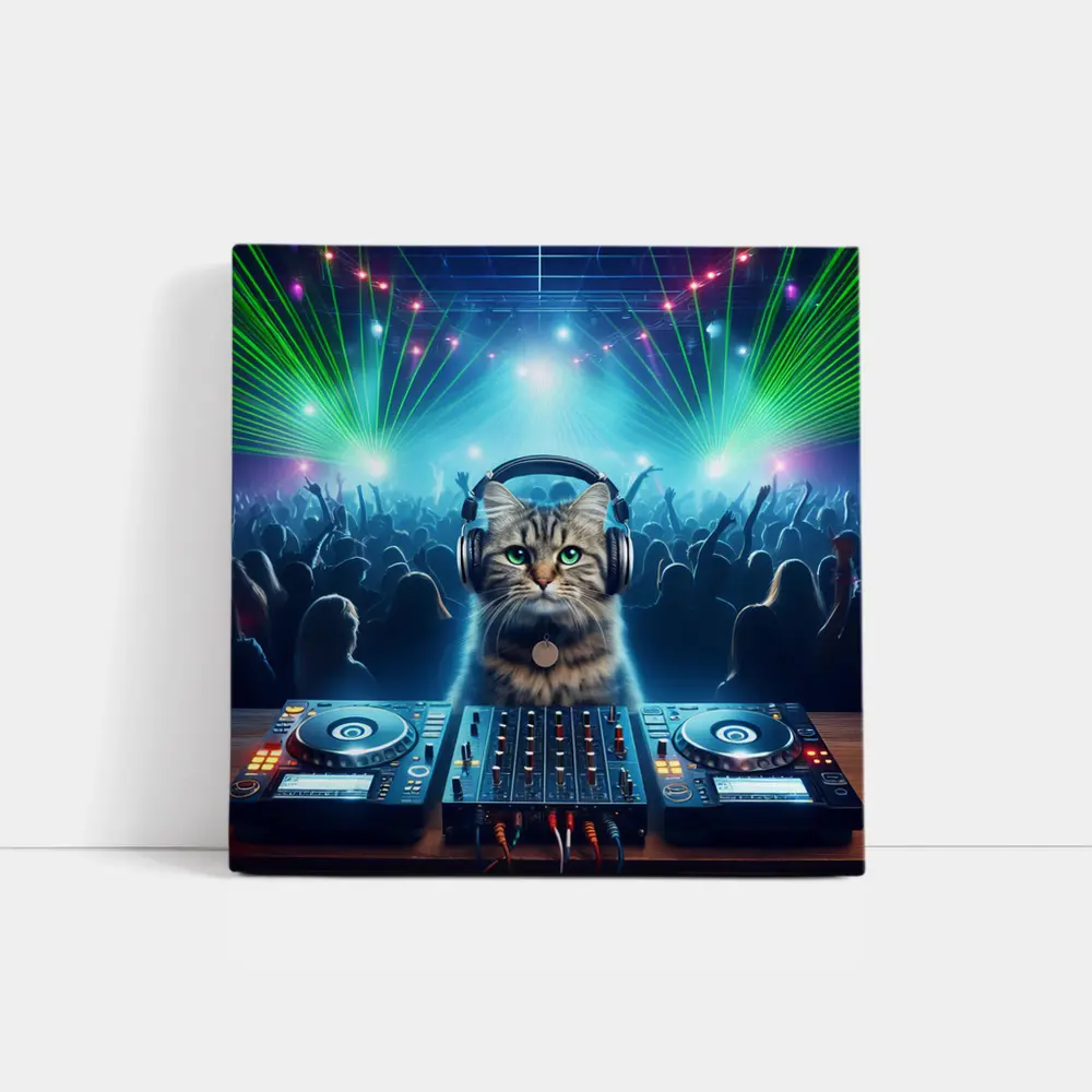 Tabby Cat DJ Club Neon Laser Party – Wall Art