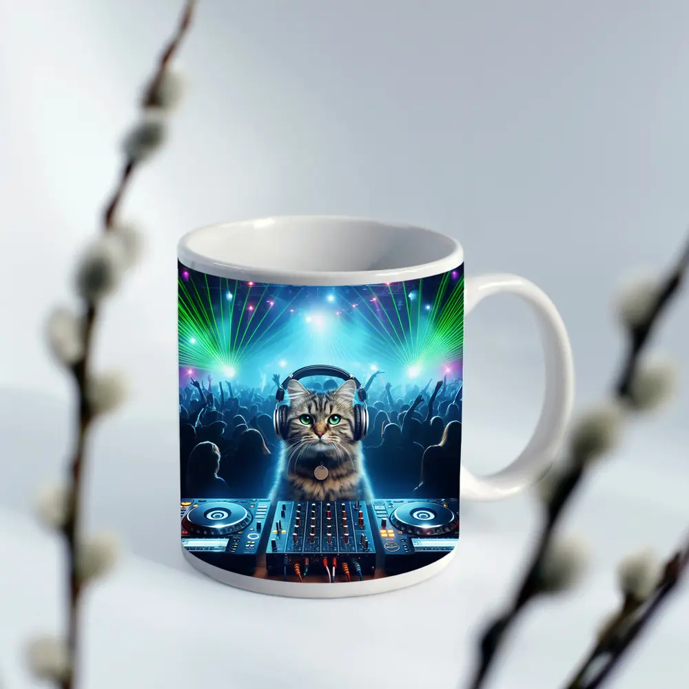 Tabby Cat DJ Club Neon Laser Party – Mugs