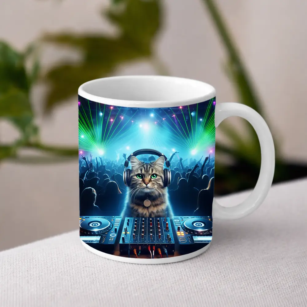 Tabby Cat DJ Club Neon Laser Party – Mugs