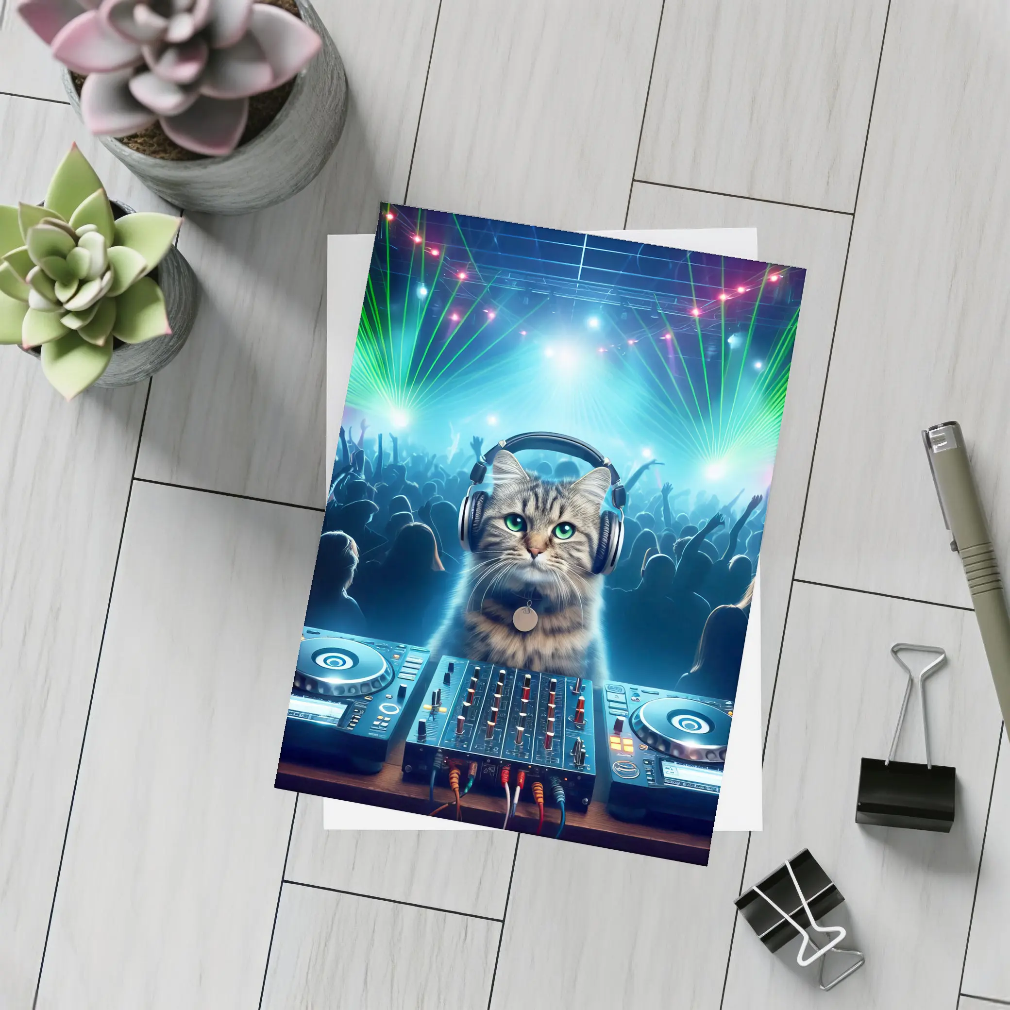 Tabby Cat DJ Club Neon Laser Party – Postcards
