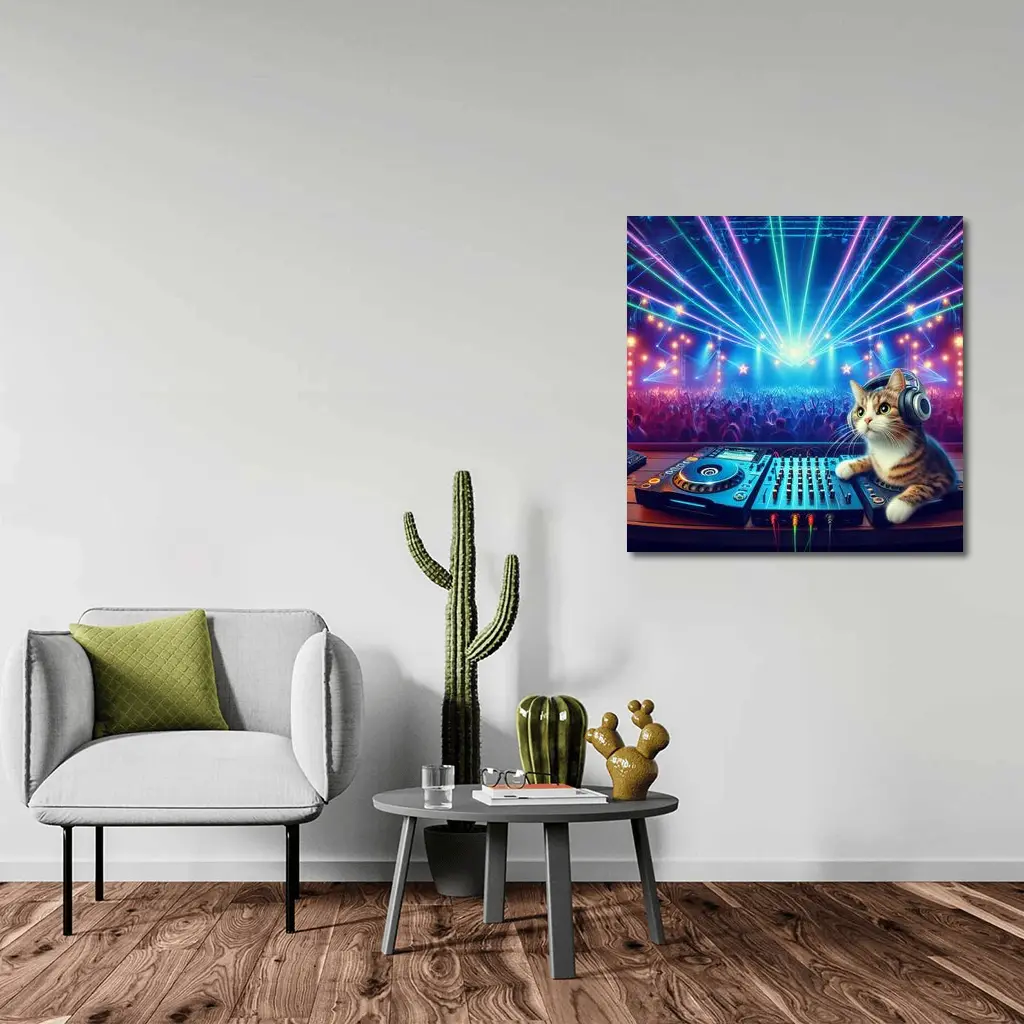 DJ Cat Headphones Neon Concert Crowd – Wall Art