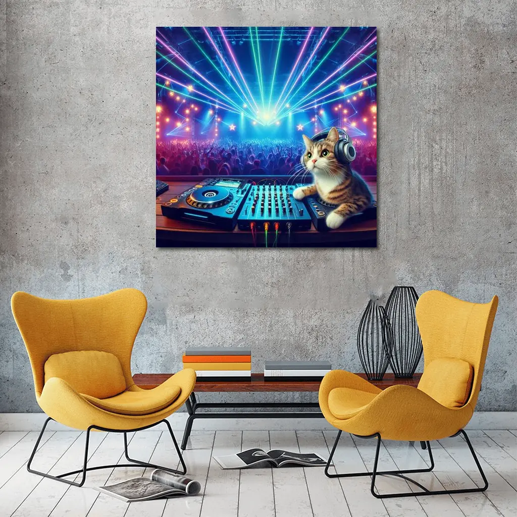 DJ Cat Headphones Neon Concert Crowd – Wall Art