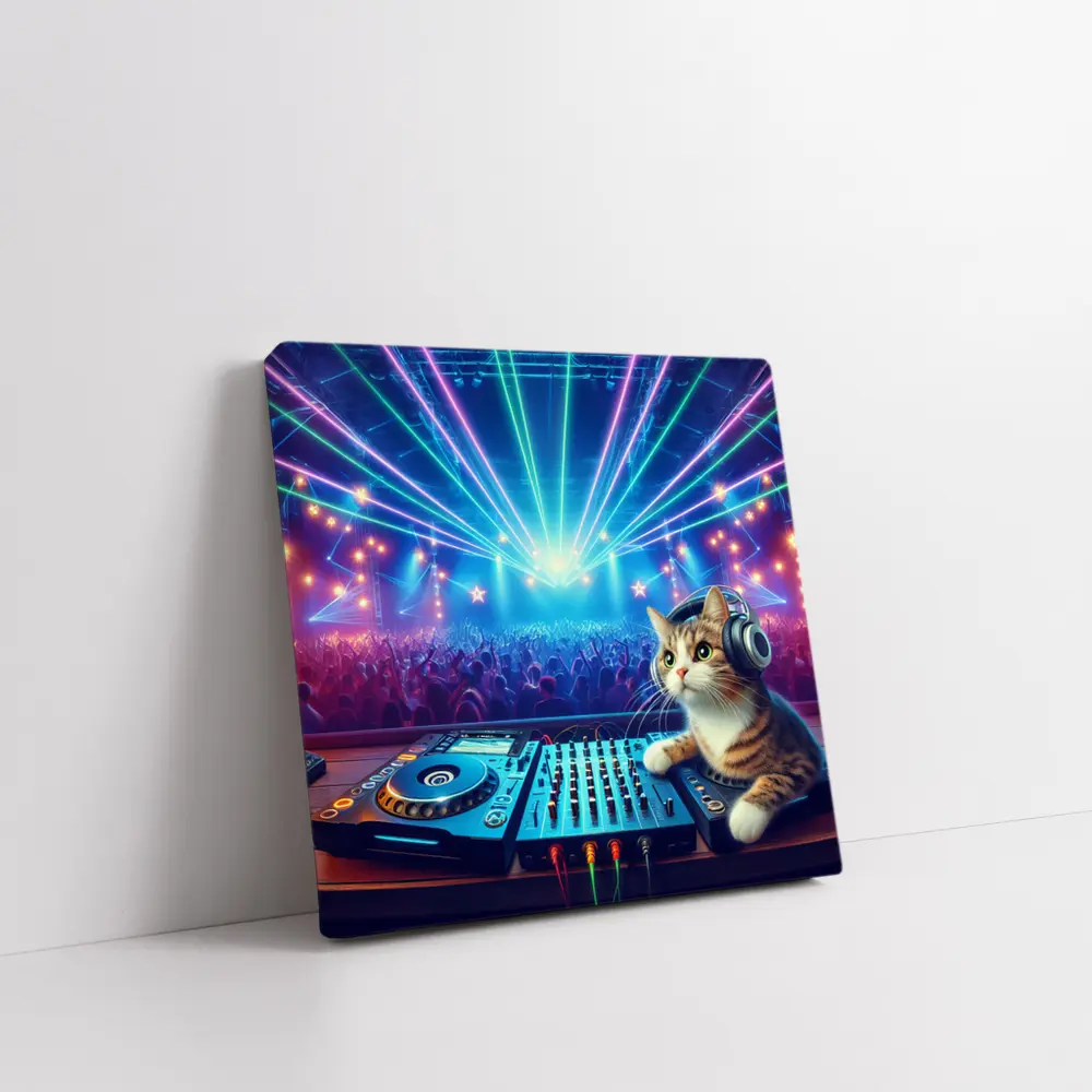 DJ Cat Headphones Neon Concert Crowd – Wall Art