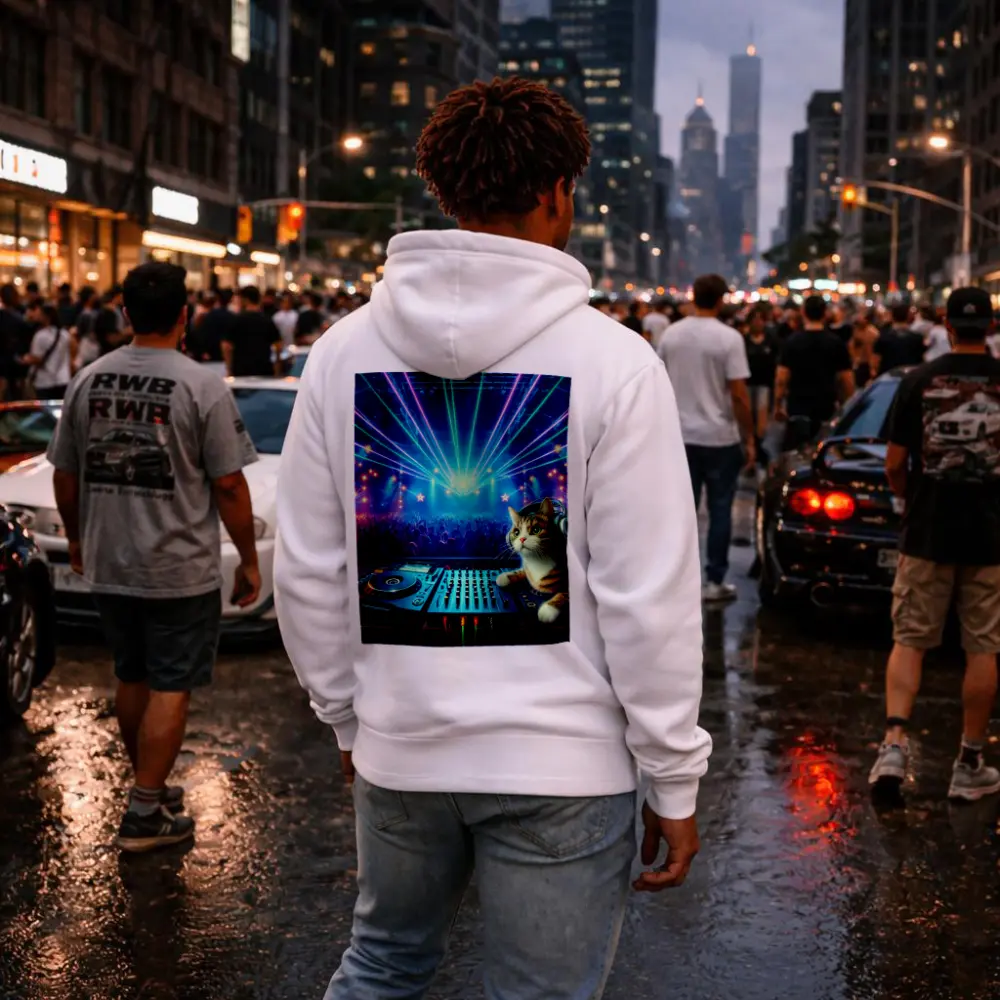 DJ Cat Headphones Neon Concert Crowd – Hoodies