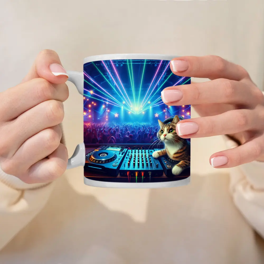 DJ Cat Headphones Neon Concert Crowd – Mugs