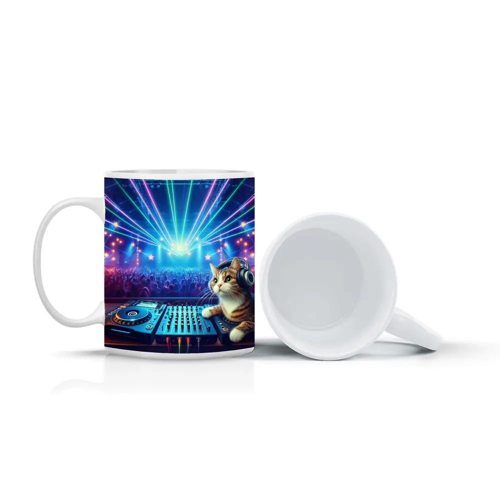 DJ Cat Headphones Neon Concert Crowd – Mugs