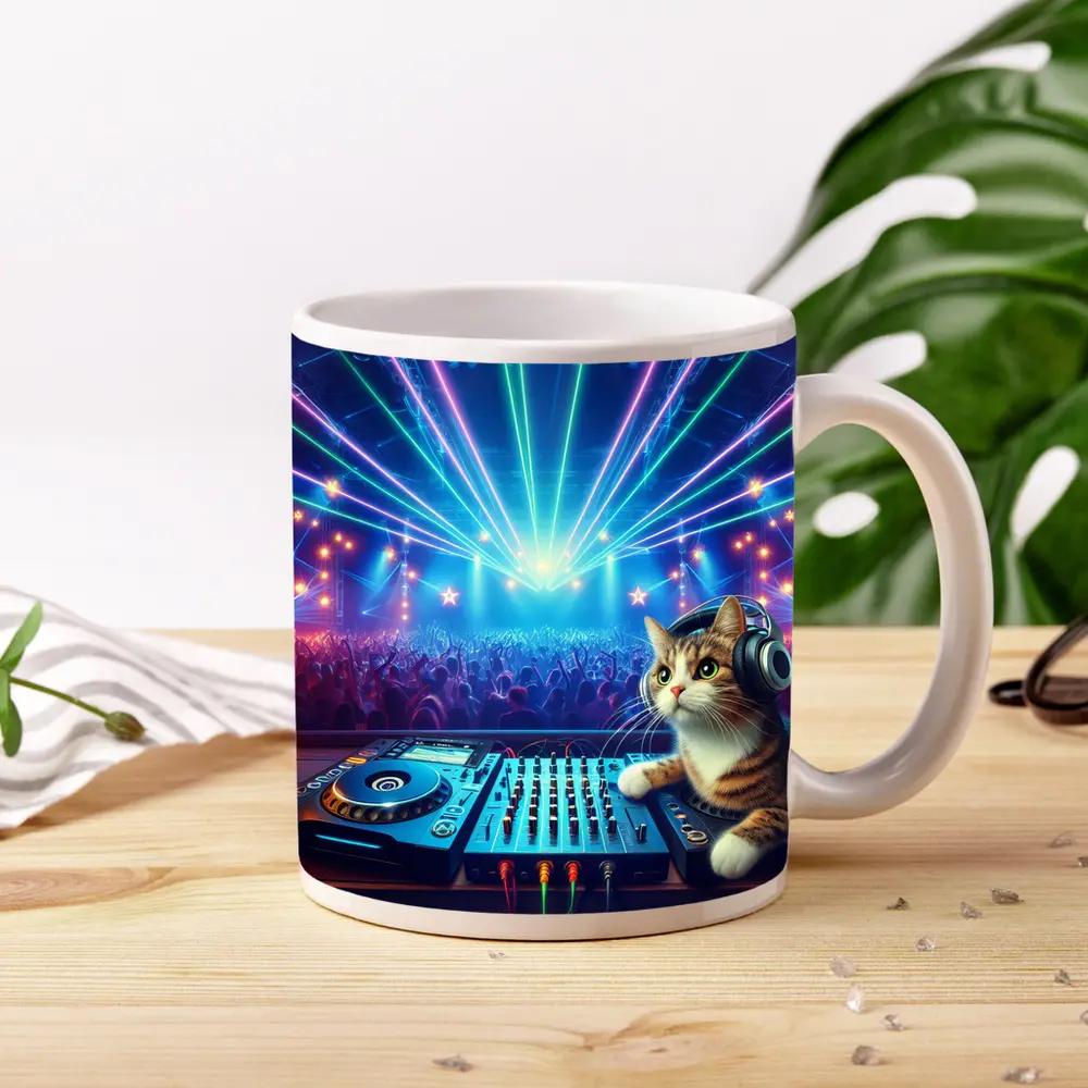 DJ Cat Headphones Neon Concert Crowd – Mugs
