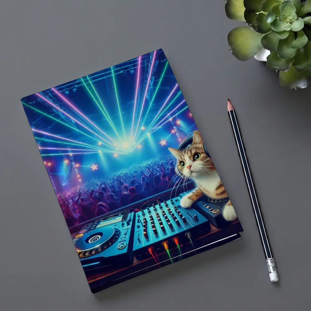 DJ Cat Headphones Neon Concert Crowd – Notebooks