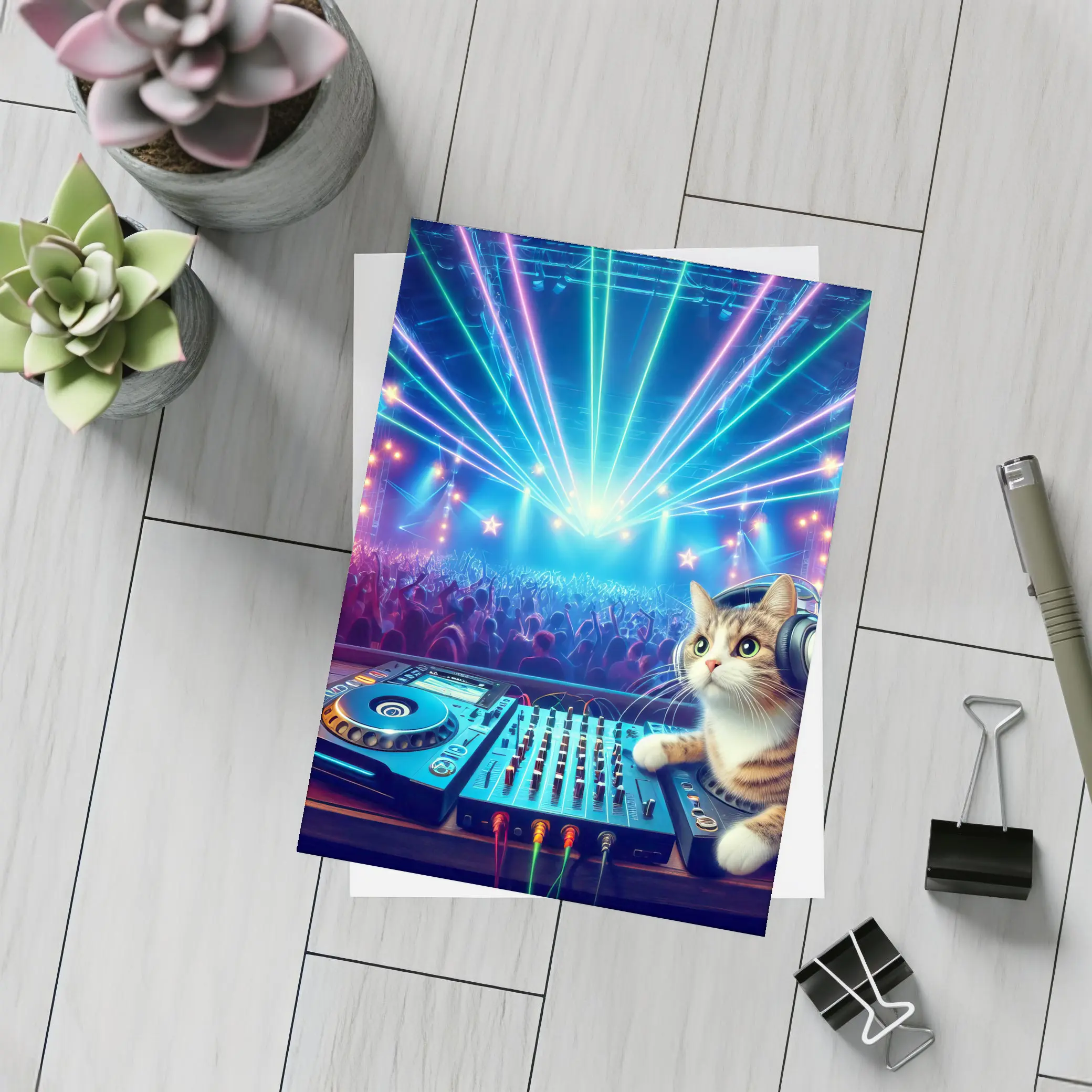 DJ Cat Headphones Neon Concert Crowd – Postcards