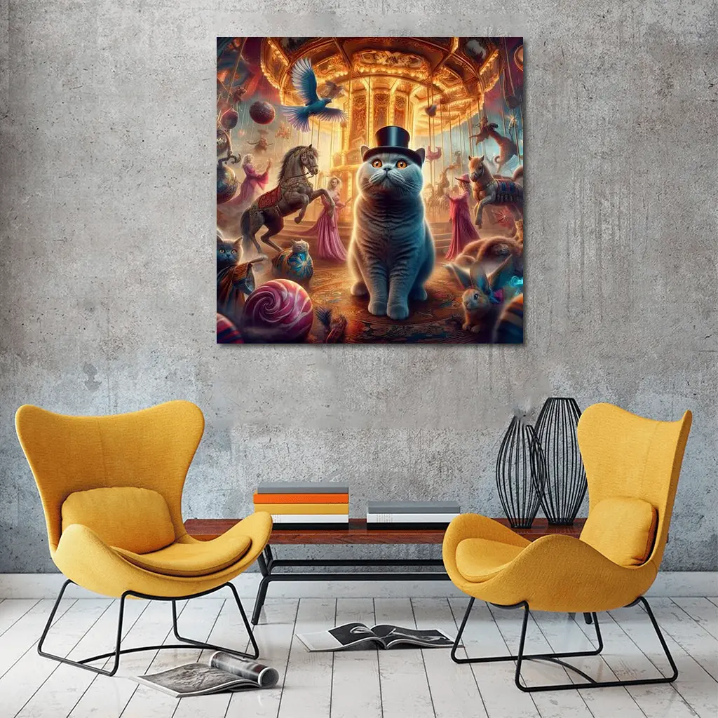 British Shorthair Cat Carousel Fantasy Scene – Wall Art