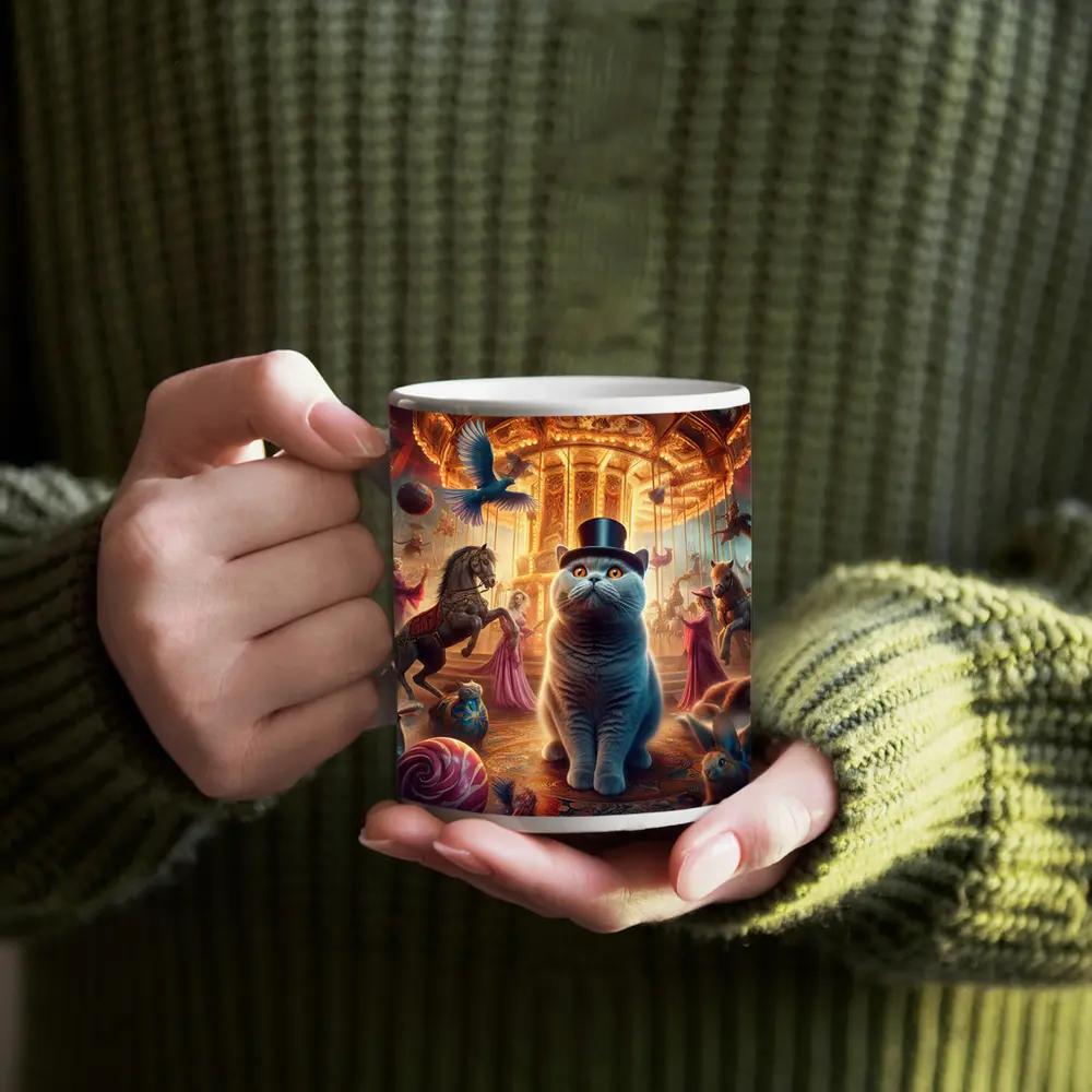 British Shorthair Cat Carousel Fantasy Scene – Mugs