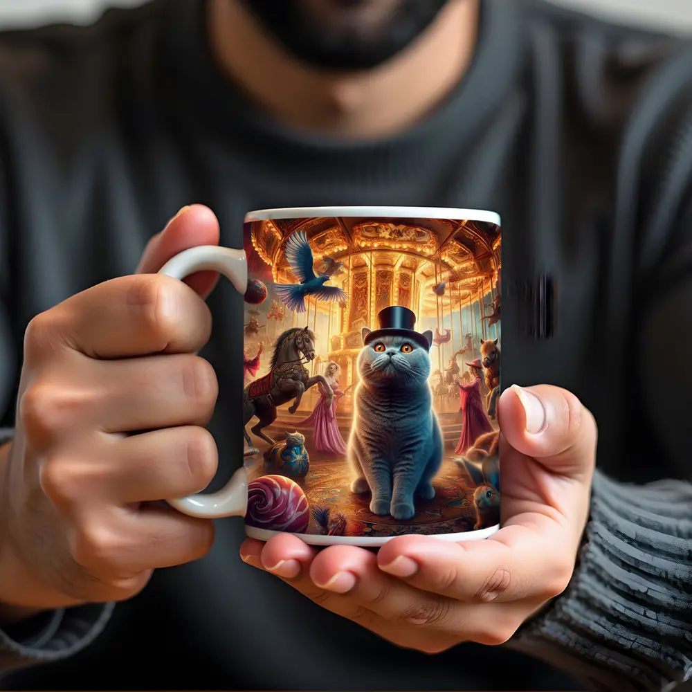 British Shorthair Cat Carousel Fantasy Scene – Mugs