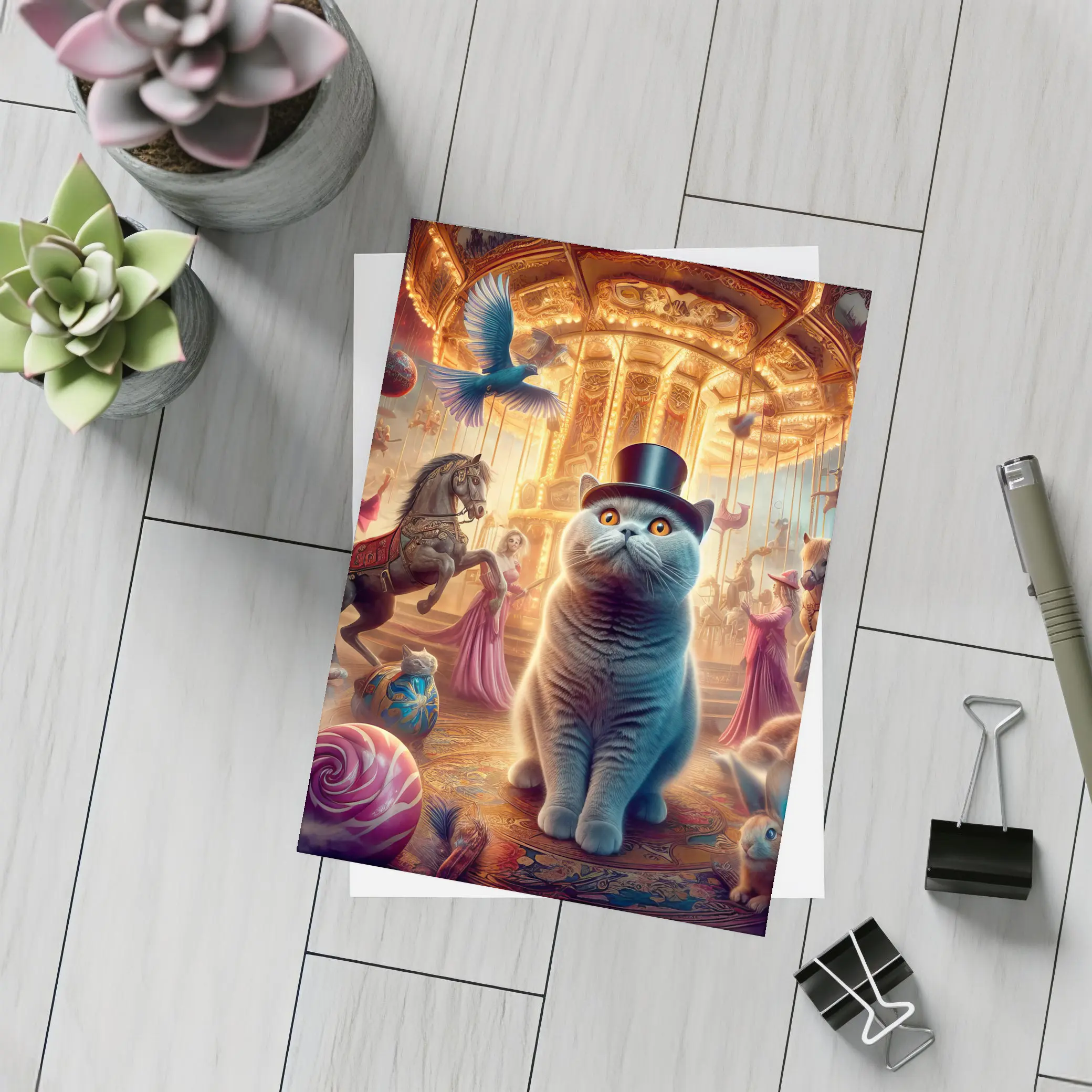 British Shorthair Cat Carousel Fantasy Scene – Postcards