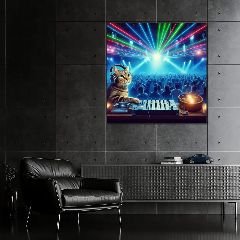 Tabby Cat DJ Mixing Neon Club – Wall Art