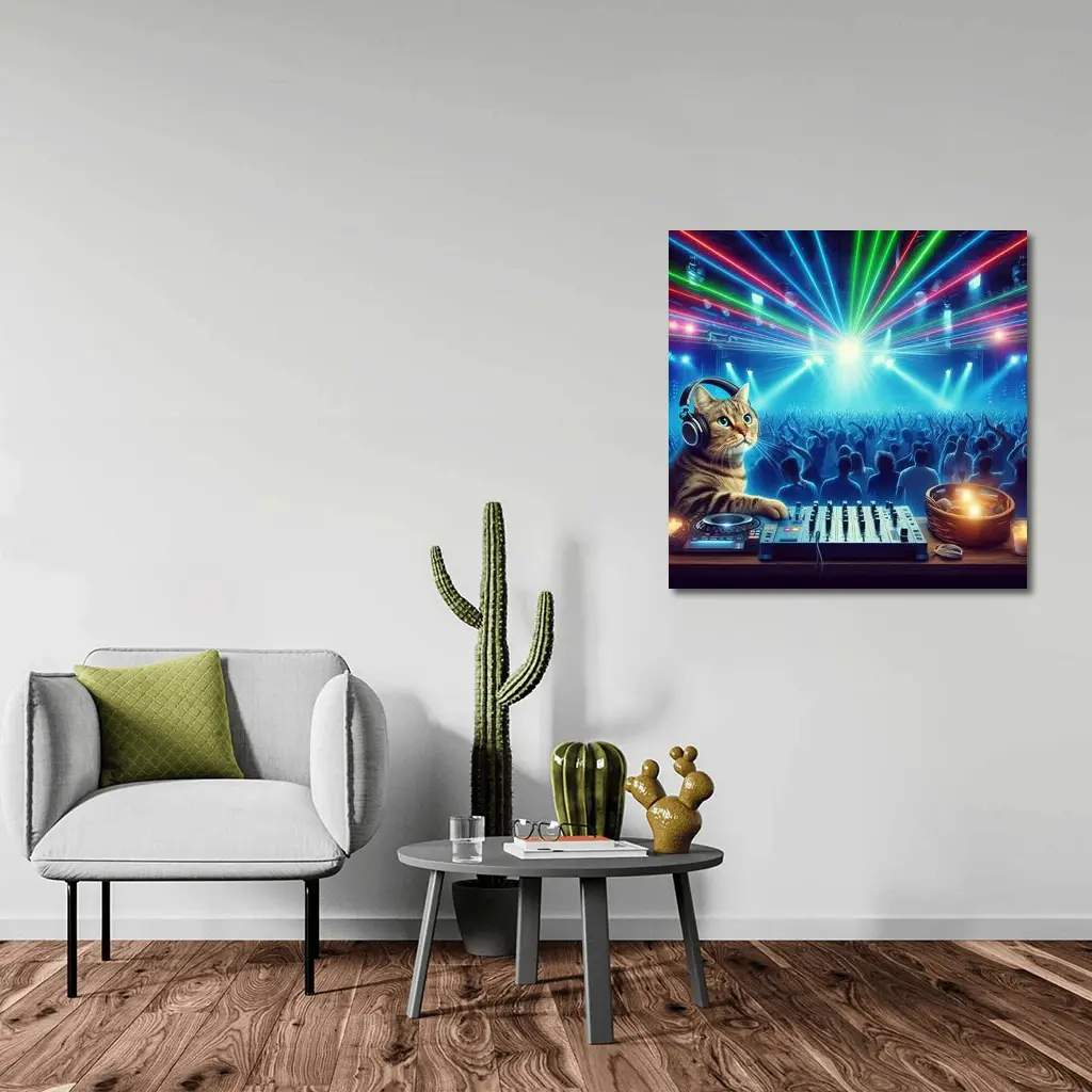 Tabby Cat DJ Mixing Neon Club – Wall Art