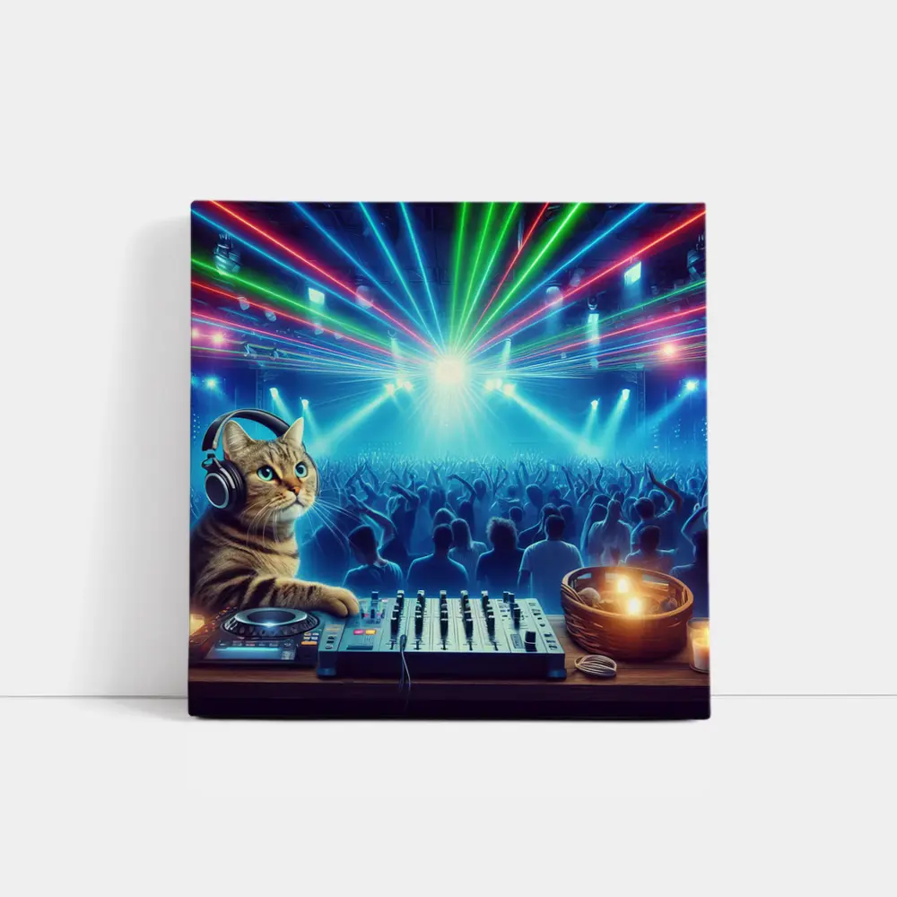 Tabby Cat DJ Mixing Neon Club – Wall Art