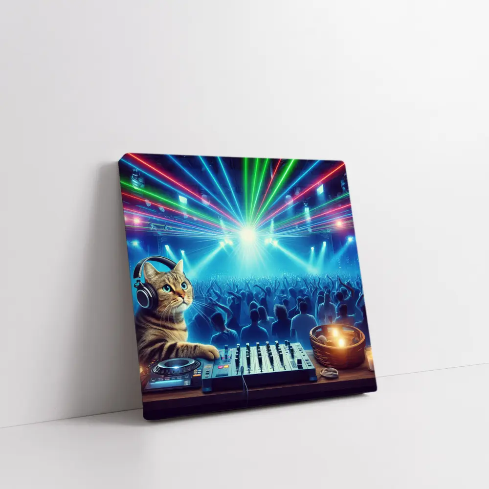 Tabby Cat DJ Mixing Neon Club – Wall Art