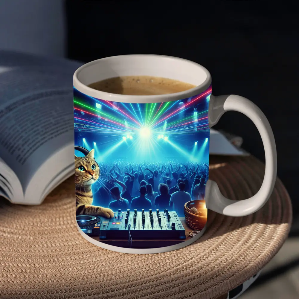 Tabby Cat DJ Mixing Neon Club – Mugs