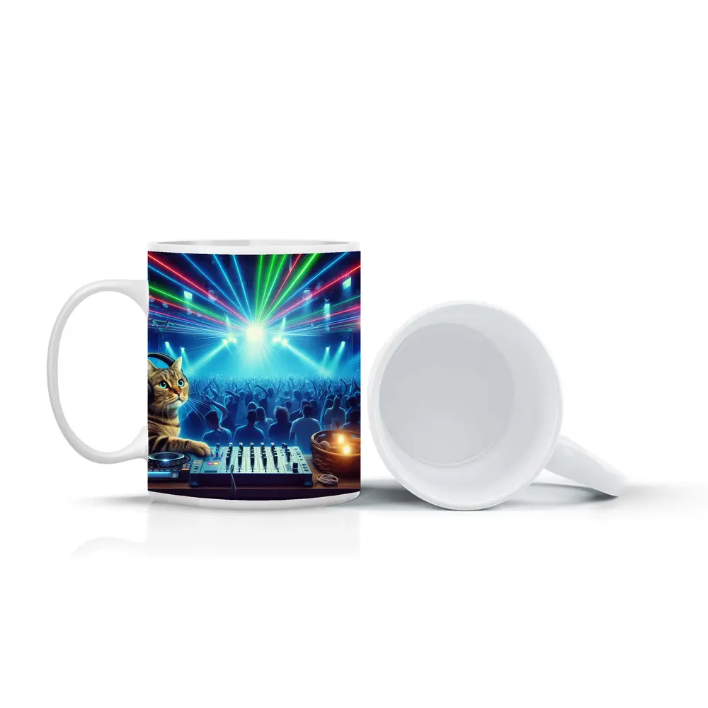 Tabby Cat DJ Mixing Neon Club – Mugs