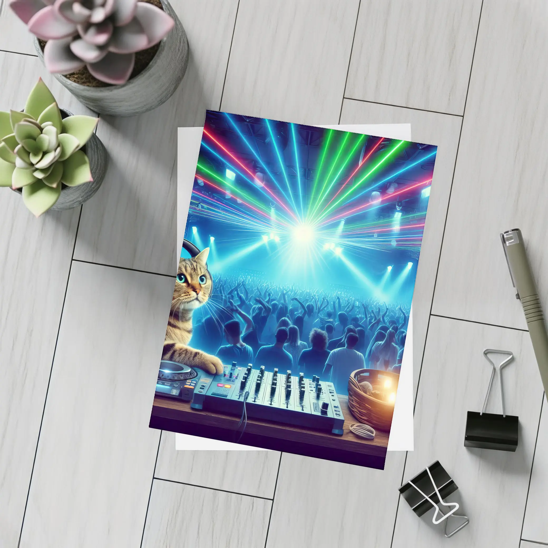 Tabby Cat DJ Mixing Neon Club – Postcards