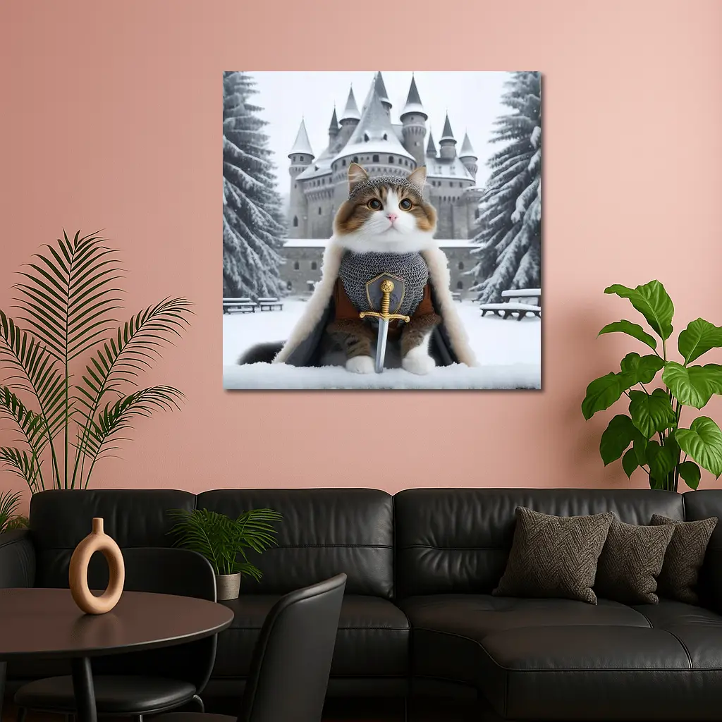 Knight Cat in Armor Winter Castle – Wall Art