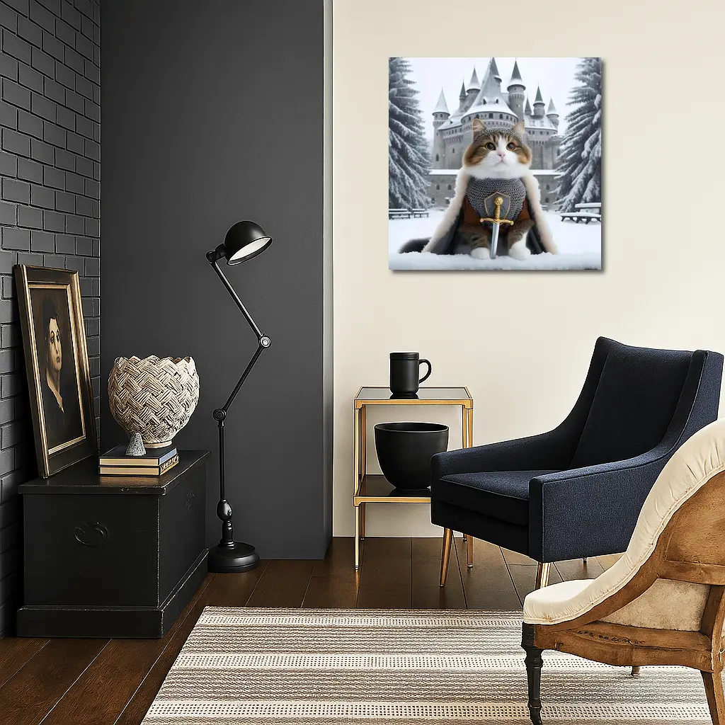 Knight Cat in Armor Winter Castle – Wall Art