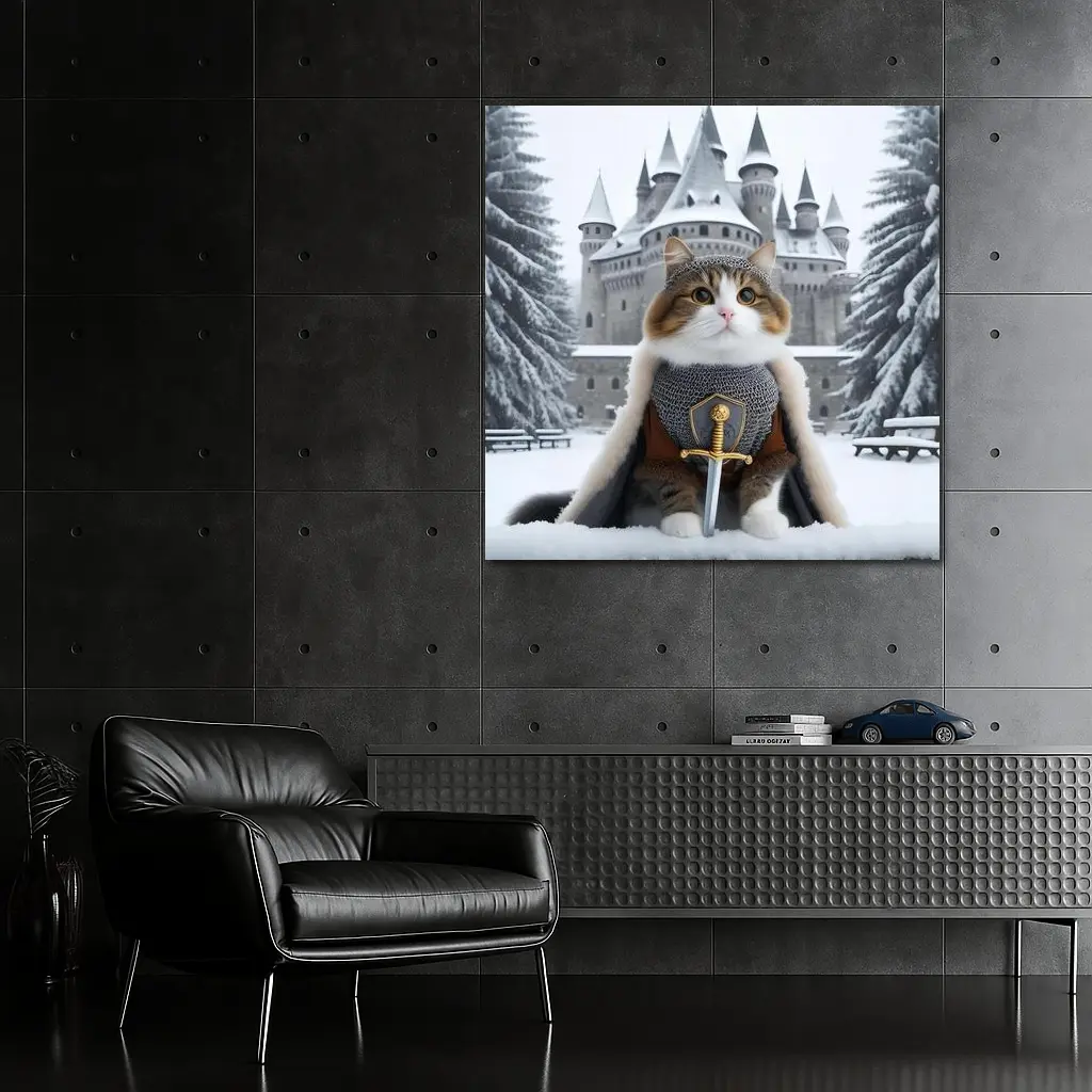 Knight Cat in Armor Winter Castle – Wall Art
