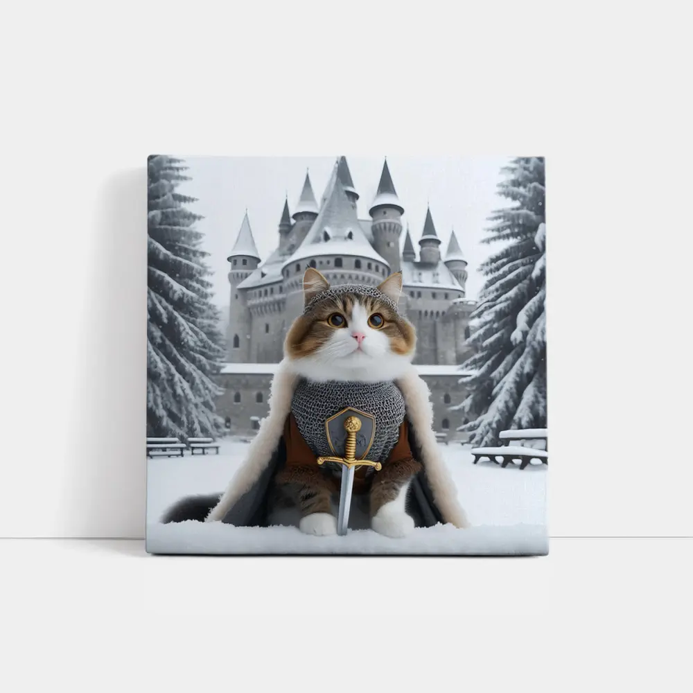 Knight Cat in Armor Winter Castle – Wall Art