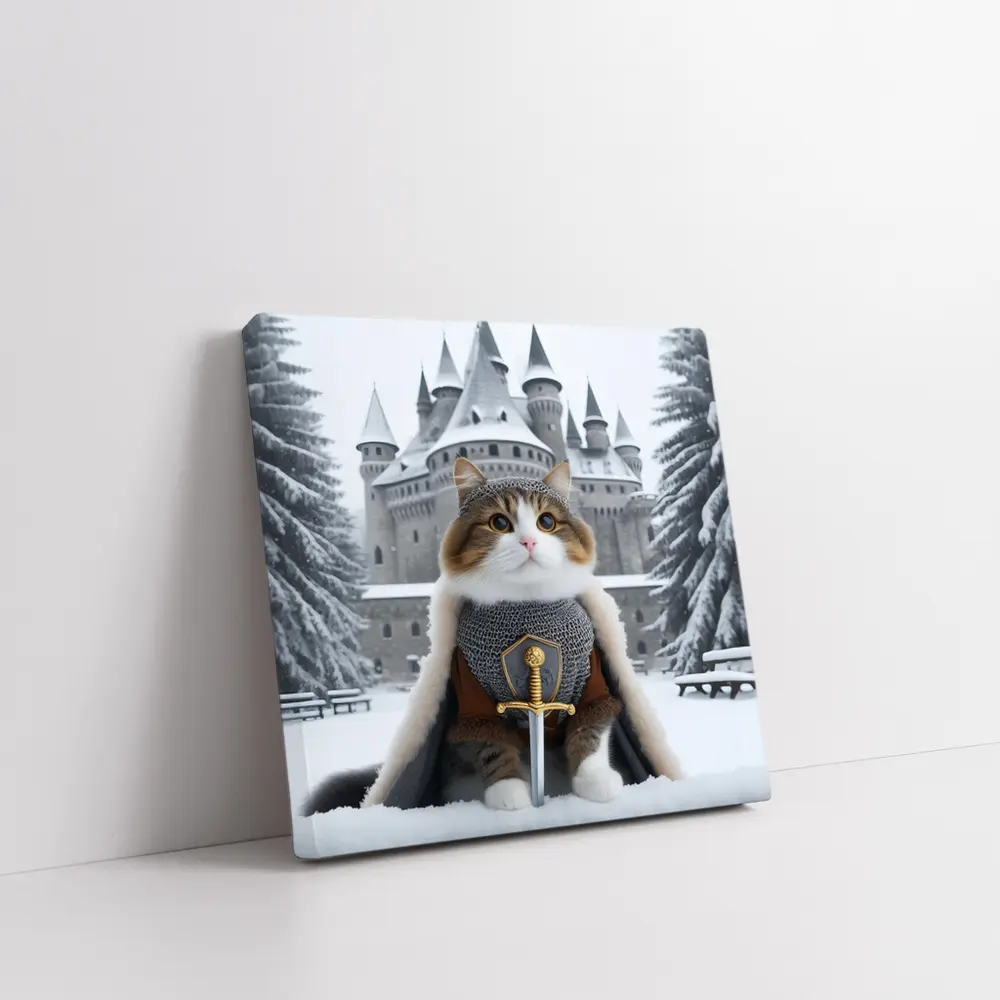 Knight Cat in Armor Winter Castle – Wall Art