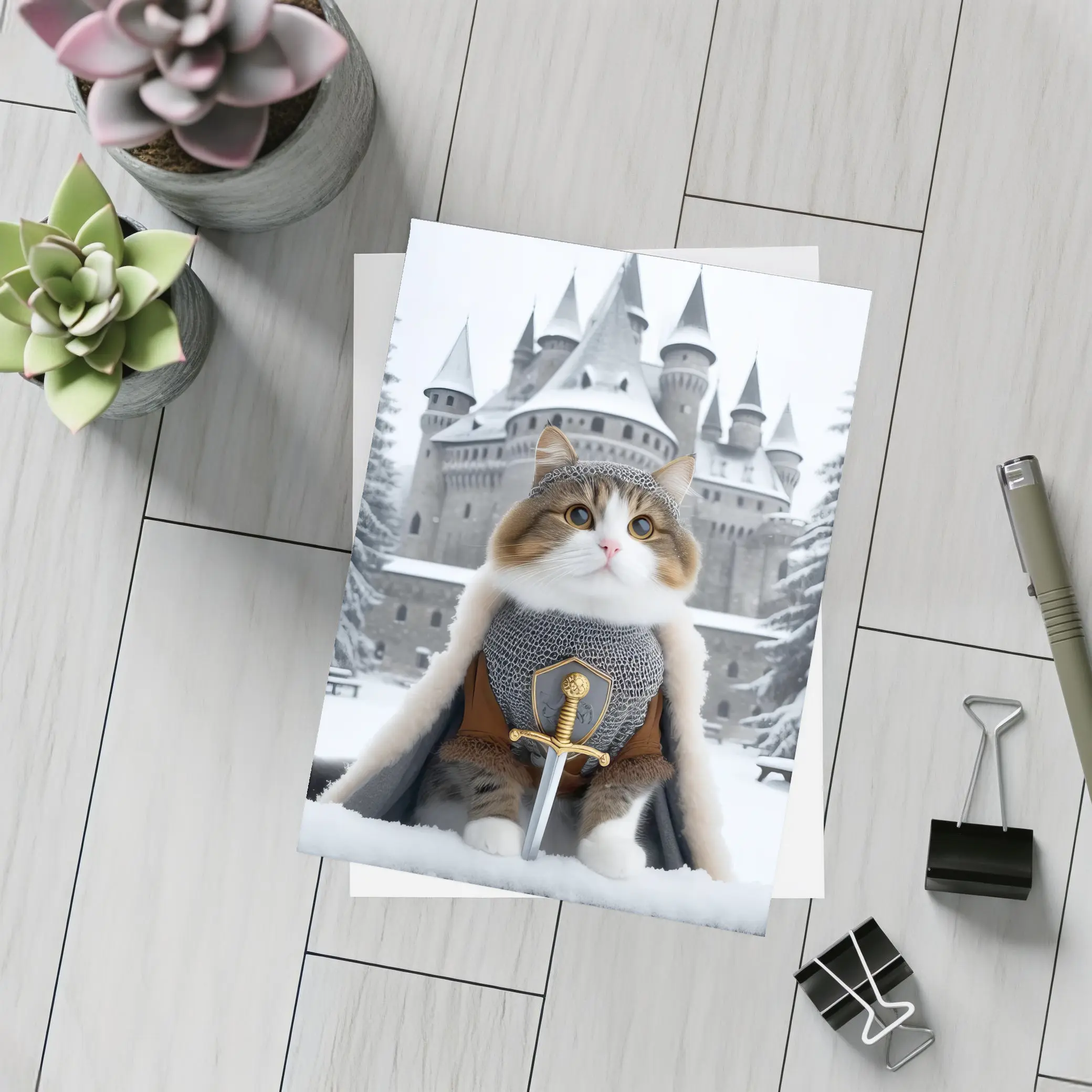 Knight Cat in Armor Winter Castle – Postcards