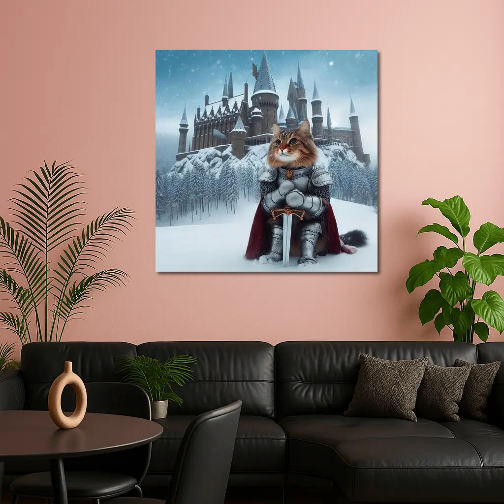 Knight Cat in Armor Winter Castle – Wall Art