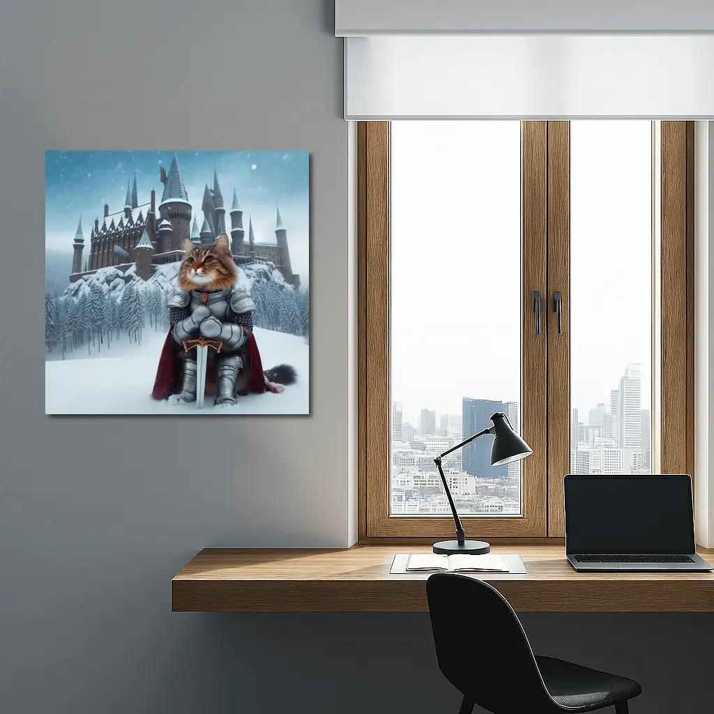 Knight Cat in Armor Winter Castle – Wall Art