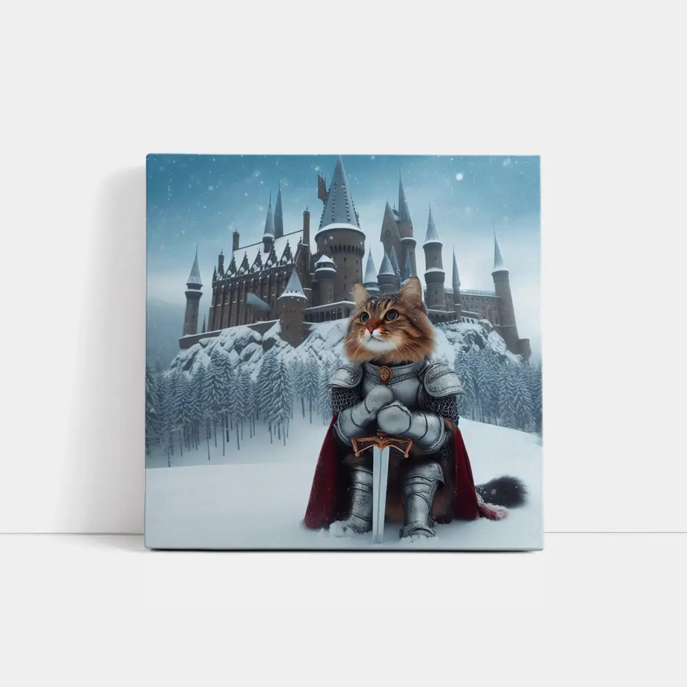 Knight Cat in Armor Winter Castle – Wall Art