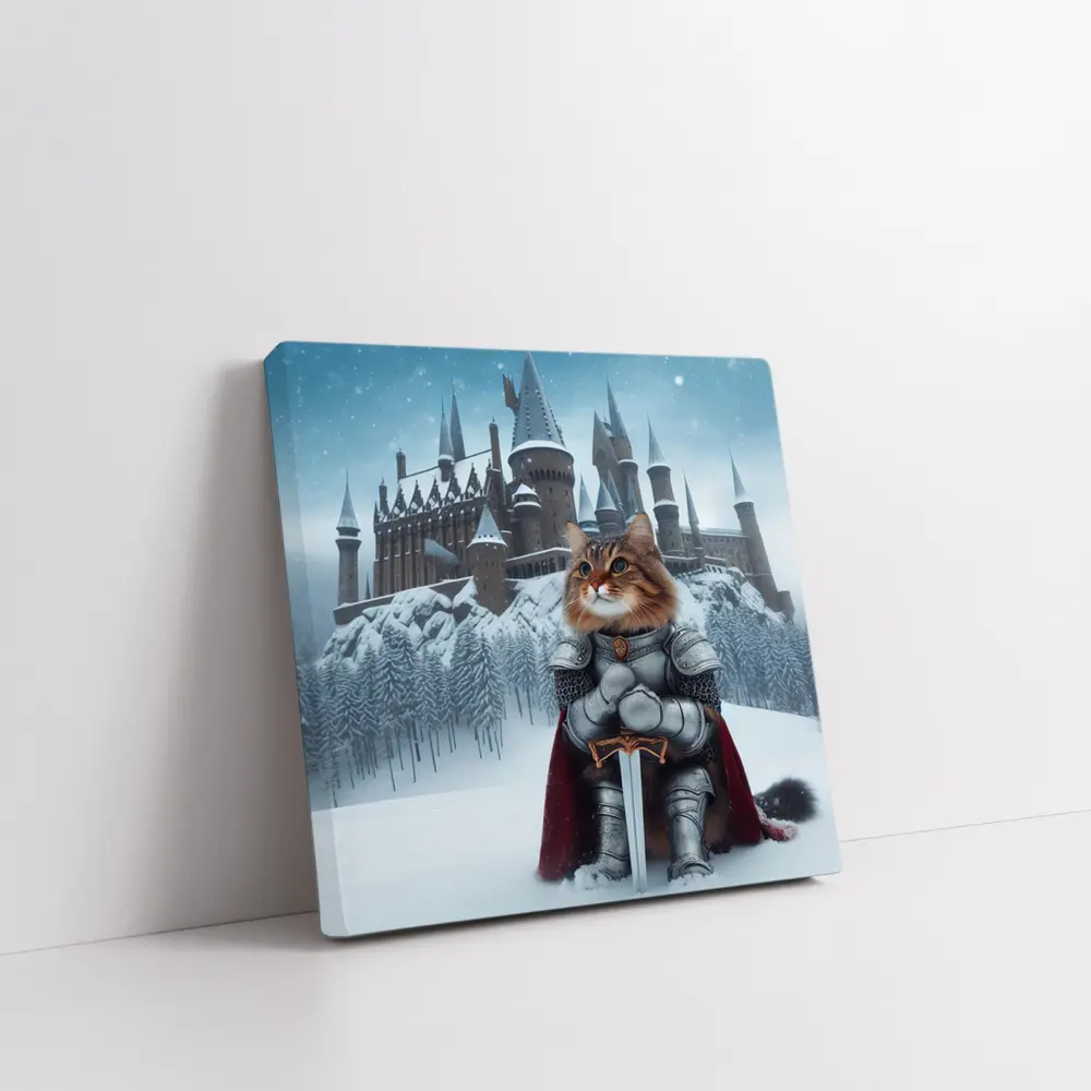 Knight Cat in Armor Winter Castle – Wall Art