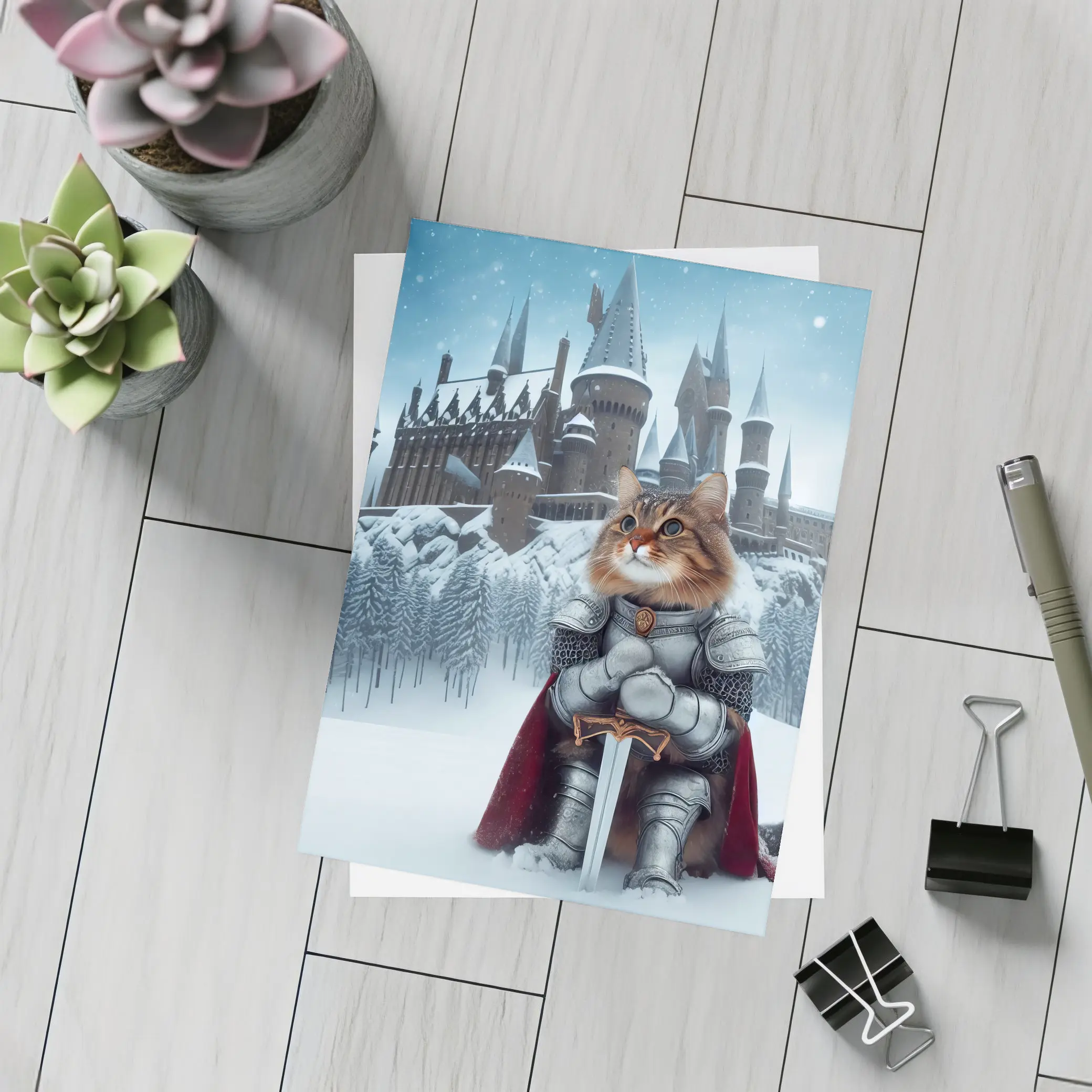 Knight Cat in Armor Winter Castle – Postcards