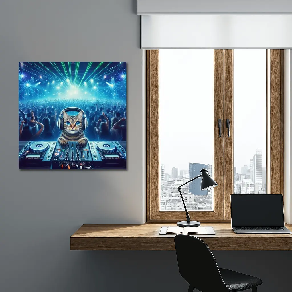 Tabby Cat DJ Mixing Neon Concert Crowd – Wall Art
