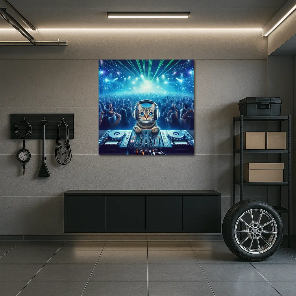Tabby Cat DJ Mixing Neon Concert Crowd – Wall Art