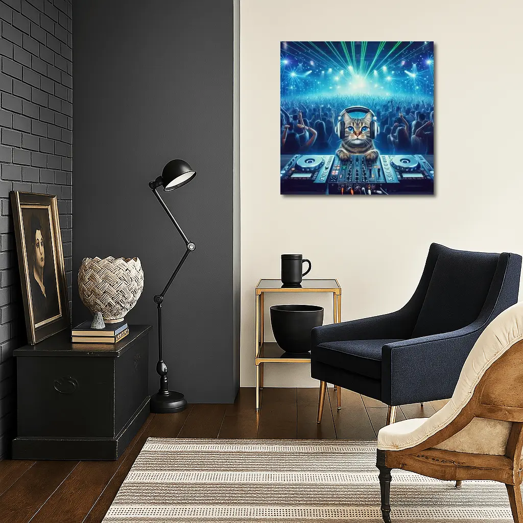 Tabby Cat DJ Mixing Neon Concert Crowd – Wall Art