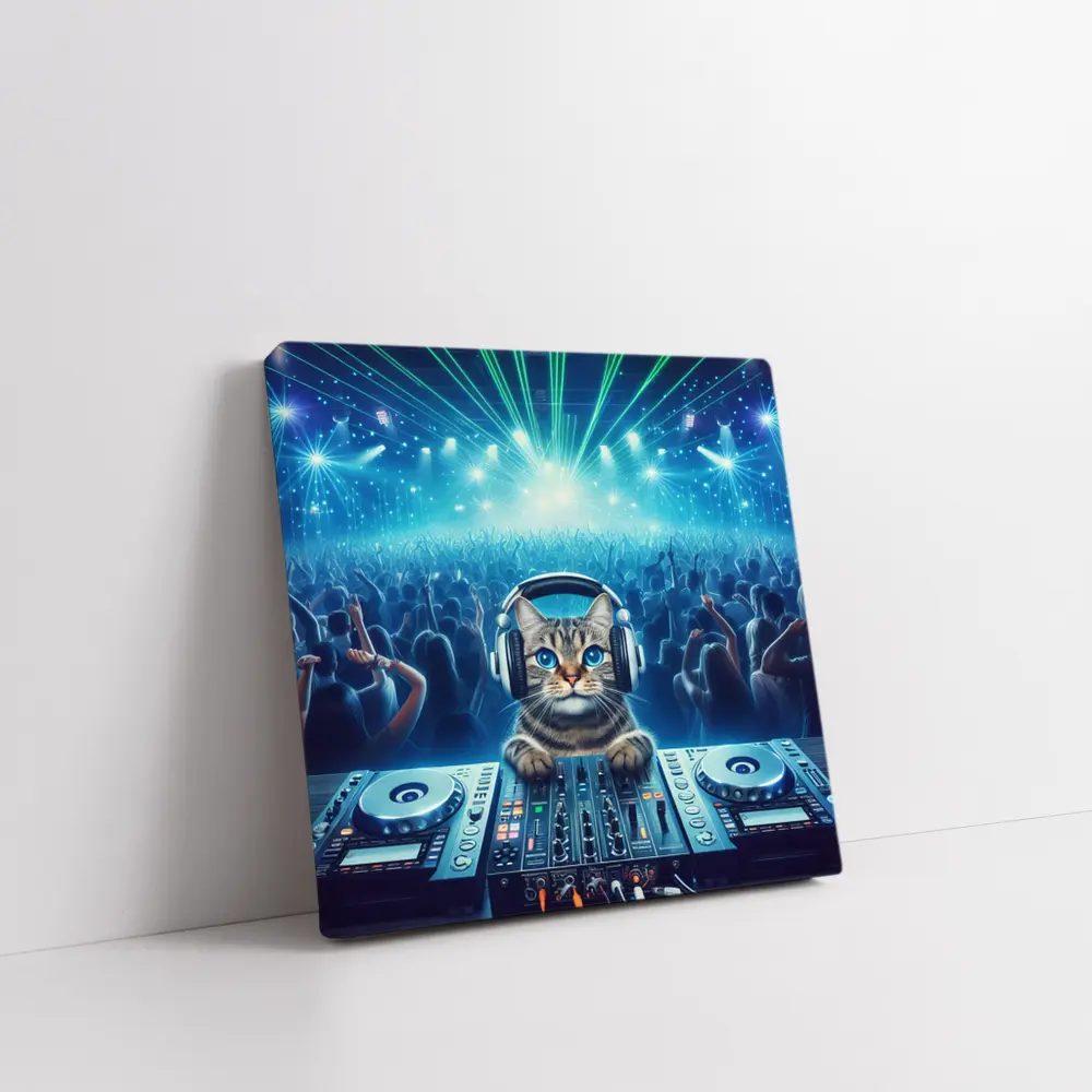 Tabby Cat DJ Mixing Neon Concert Crowd – Wall Art