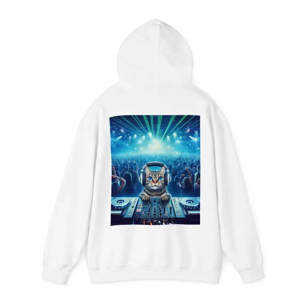 Tabby Cat DJ Mixing Neon Concert Crowd – Hoodies