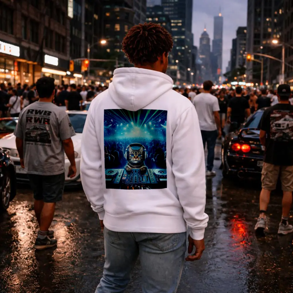 Tabby Cat DJ Mixing Neon Concert Crowd – Hoodies
